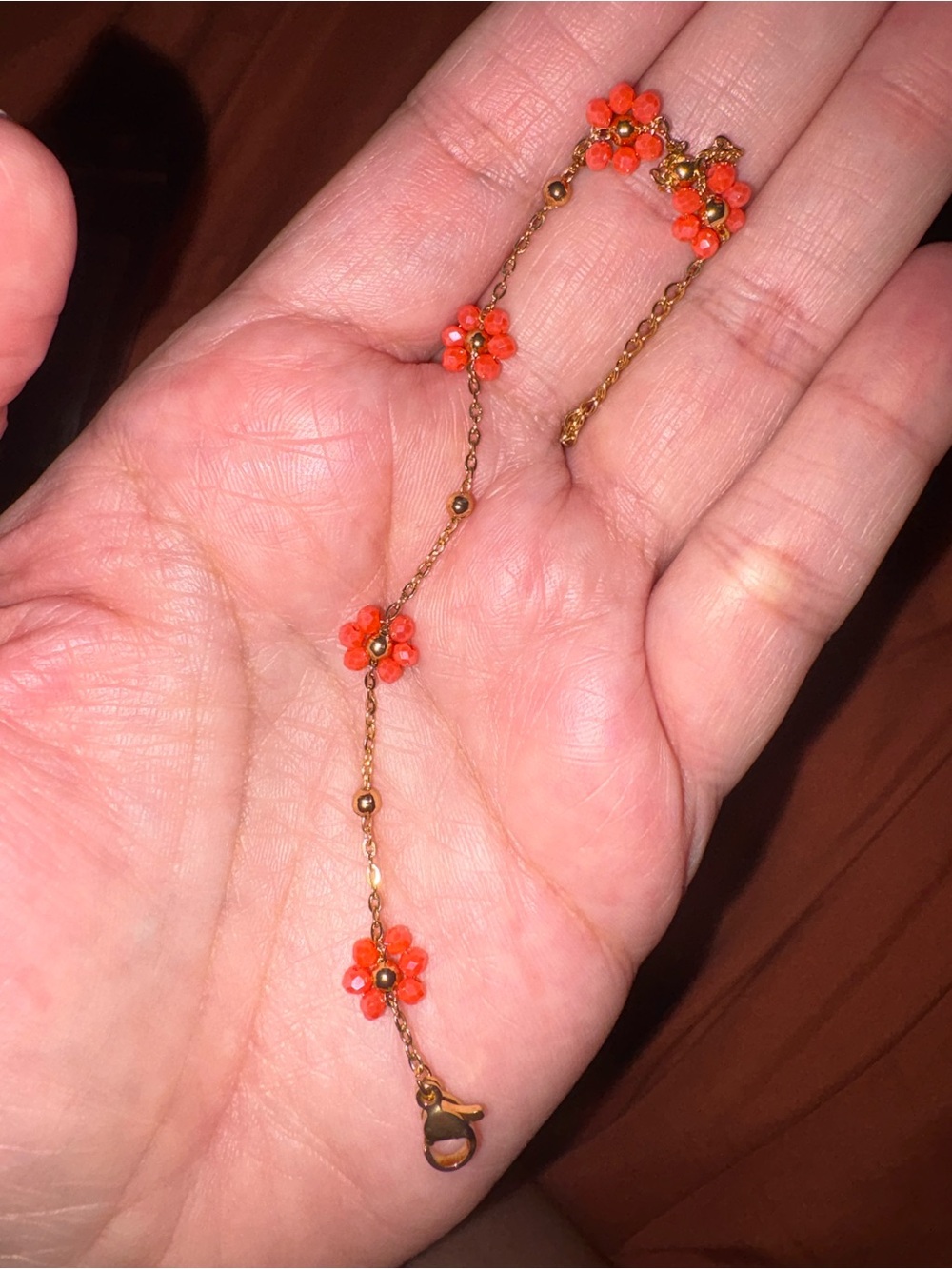 Gold Chain Bracelet with Orange Flower Beads - Women Jewelry